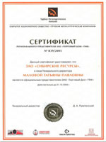 Сертификат регионального представителя ЗАО «Торговый дом «ТМК» 2005